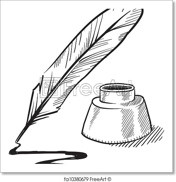 561x581 Free Art Print Of Quill Pen And Inkwell Sketch. Doodle Style - Feather Sketch