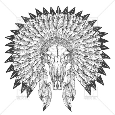 400x400 Buffalo Skull Sketch With Indian Feather Headdress Vector Image - Feather Sketch Art
