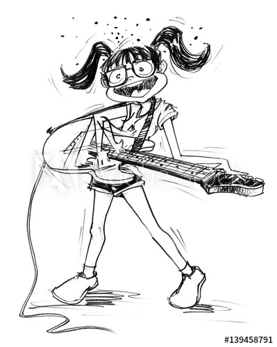 399x500 Cartoon Character Design Girl Acting To Playing Electric Guitar - Feeling Sketch