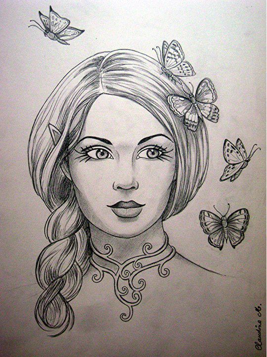540x720 Female Elf With Butterflies (Drawing) Elves - Female Elf Sketch