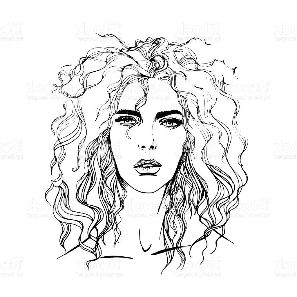 1024x1024 Best Vector Fashion Girl Portrait Female Face With Curly Hair Design - Female Face Sketch