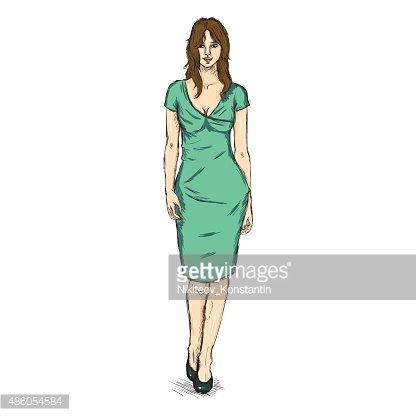 416x416 Vector Sketch Fashion Female Model In Dress Premium Clipart - Female Model Sketch