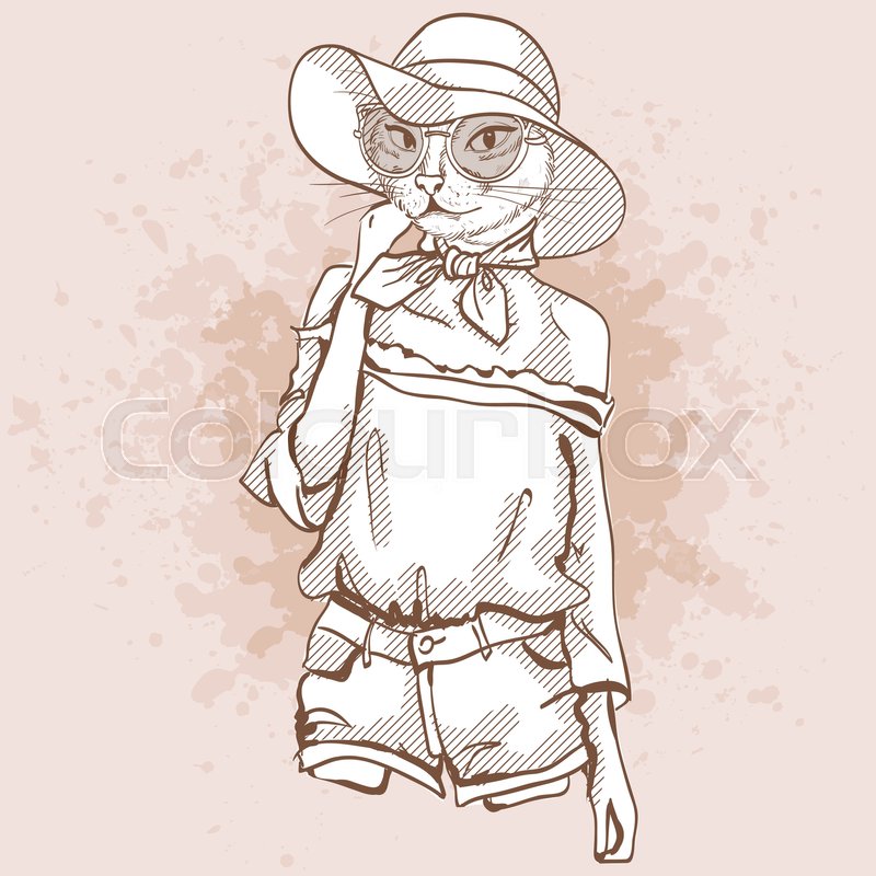 800x800 Vector Sketch Of Female Model With Cats Head Wearing Denim Shorts - Female Model Sketch