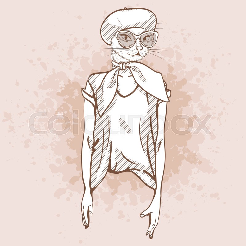 800x800 Vector Sketch Of Female Model With Cats Head Wearing Jeans, Shoes - Female Model Sketch