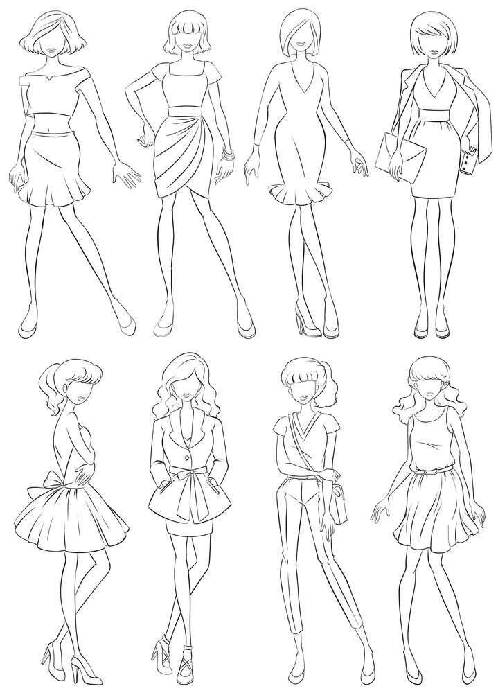 719x1000 Outline Sketch Of Woman In Fashion Clothes Royalty Free Stock - Female Outline Sketch