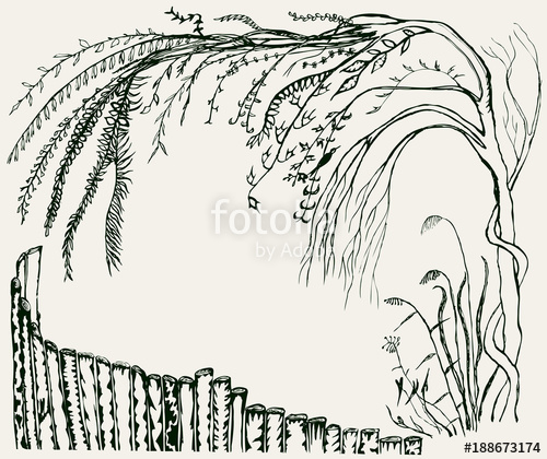 500x420 Sketch Of A Blooming Tree And A Wooden Fence Stock Image And - Fence Sketch