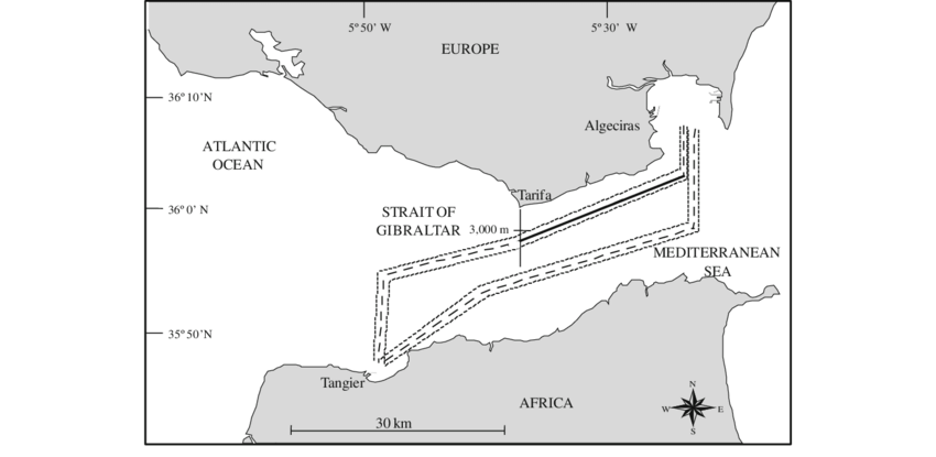 850x415 Sketch Of The Strait Of Gibraltar With The Commercial Ferry Route - Ferry Sketch