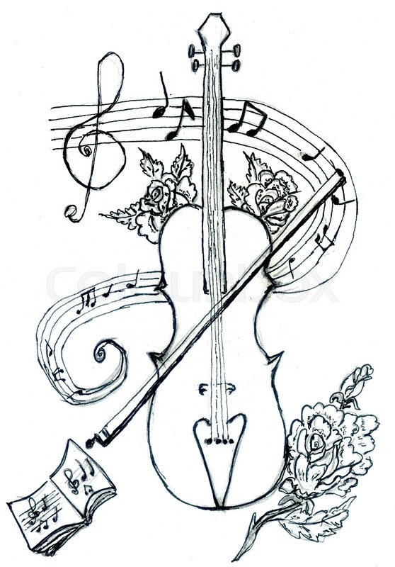 558x800 Detailed Hand Drawn Sketch Of Violin And Musical Notes. Stock - Fiddle Sketch