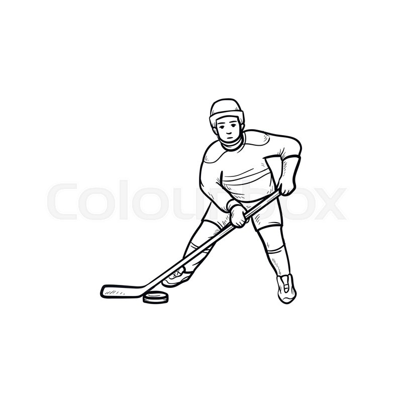 800x800 Ice Hockey Player With Puck Hand Drawn Outline Doodle Icon. Winter - Field Hockey Sketch
