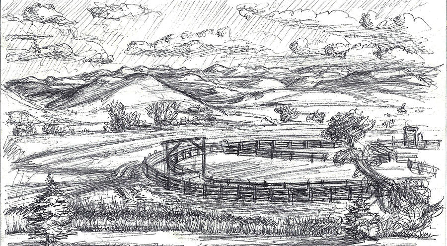 900x495 Wyoming Ranch Field Sketch Drawing By Dawn Senior Trask - Field Sketch