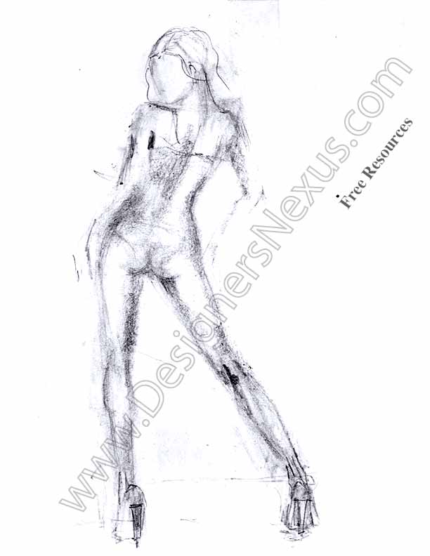 612x792 Fashion Sketch V1 Single Female Figure Drawing Back View - Figure Drawing Sketches