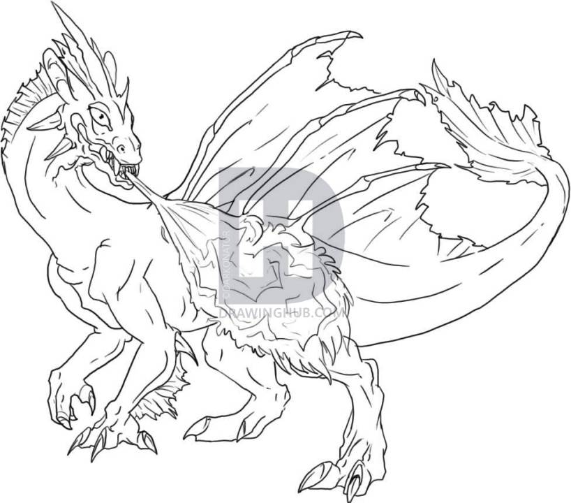 818x720 How To Draw A Red Fire Breathing Dragon, Step By Step, Drawing - Fire Breathing Dragon Sketch