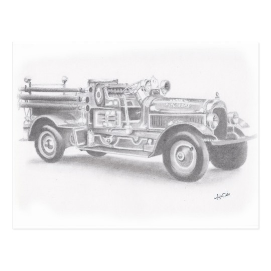 540x540 Hand Drawn Vintage Fire Truck Sketch Postcard - Fire Engine Sketch