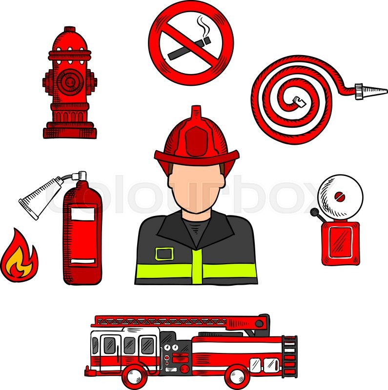 795x800 Colored Sketch Of Fireman In Protective Uniform And Red Helmet - Fire Helmet Sketch