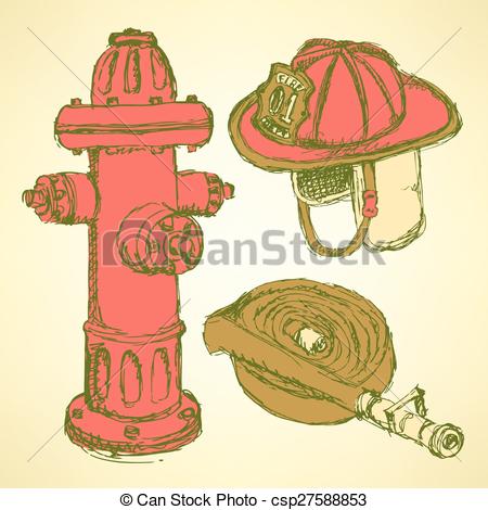 450x470 Sketch Fire Protection Set Vintage Style, Vector. - Fire Hydrant Sketch