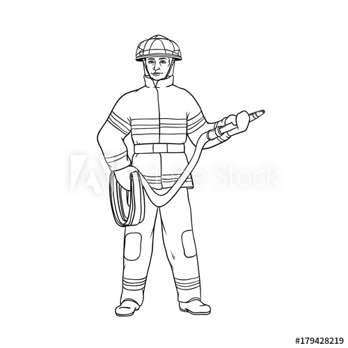 500x500 Male Firefighter In Protective Suit, Helmet And Gauntlets, With A - Fire Safety Sketch