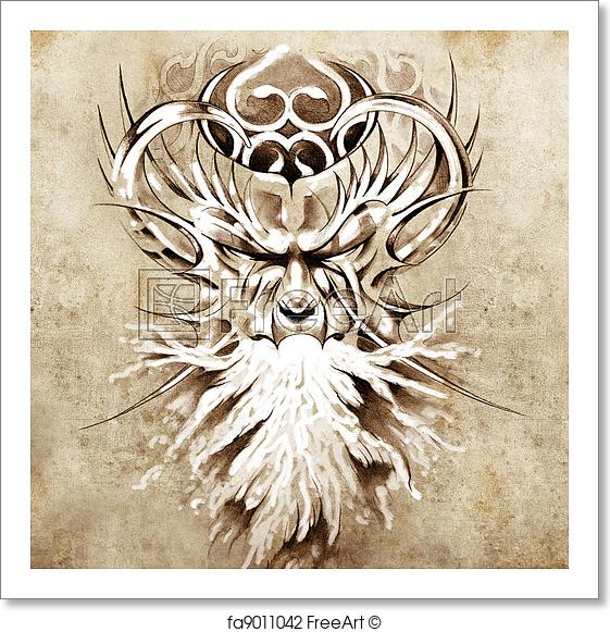 561x581 Free Art Print Of Sketch Of Tattoo Art, Monster Mask With White - Fire Skull Sketch
