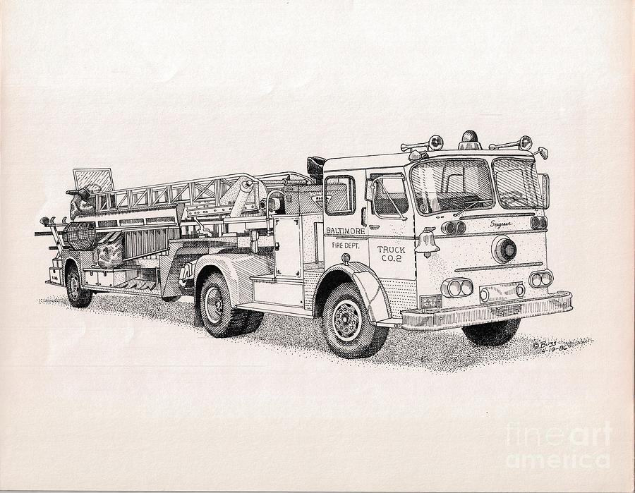 900x699 Fire Truck Company Two Drawing By Calvert Koerber - Fire Truck Sketch