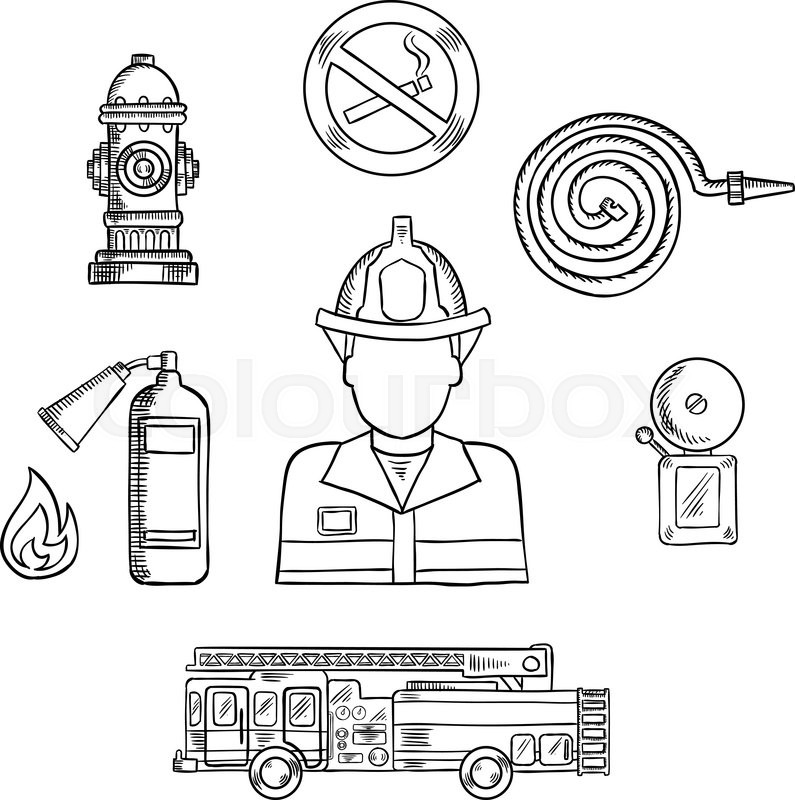 795x800 Firefighter In Protective Helmet And Uniform With Fire Protection - Fire Truck Sketch