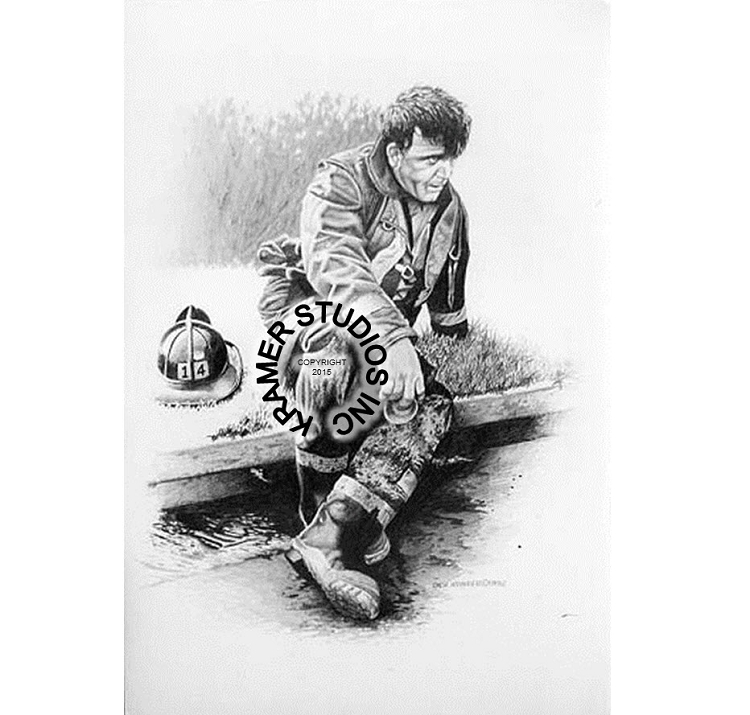 750x715 Firefighter On Curb Firefighter Art Prints By Dick Kramer - Firefighter Sketch