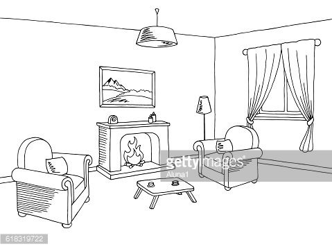 479x359 Fireplace Living Room Interior Graphic Black White Sketch - Fireplace Sketch