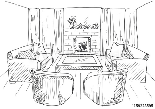 500x350 Modern Interior. Lounge With Fireplace, Armchairs And Sofas - Fireplace Sketch