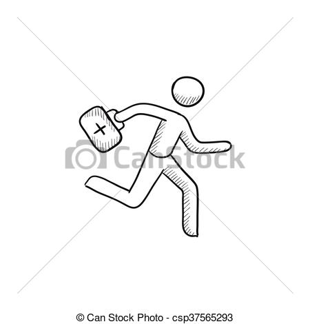 450x470 Paramedic Running With First Aid Kit Sketch Icon. Paramedic - First Aid Kit Sketch