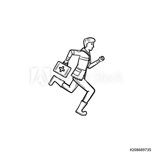 500x500 Doctor Is Running With First Aid Kit In Arm Hand Drawn Outline - First Aid Sketch