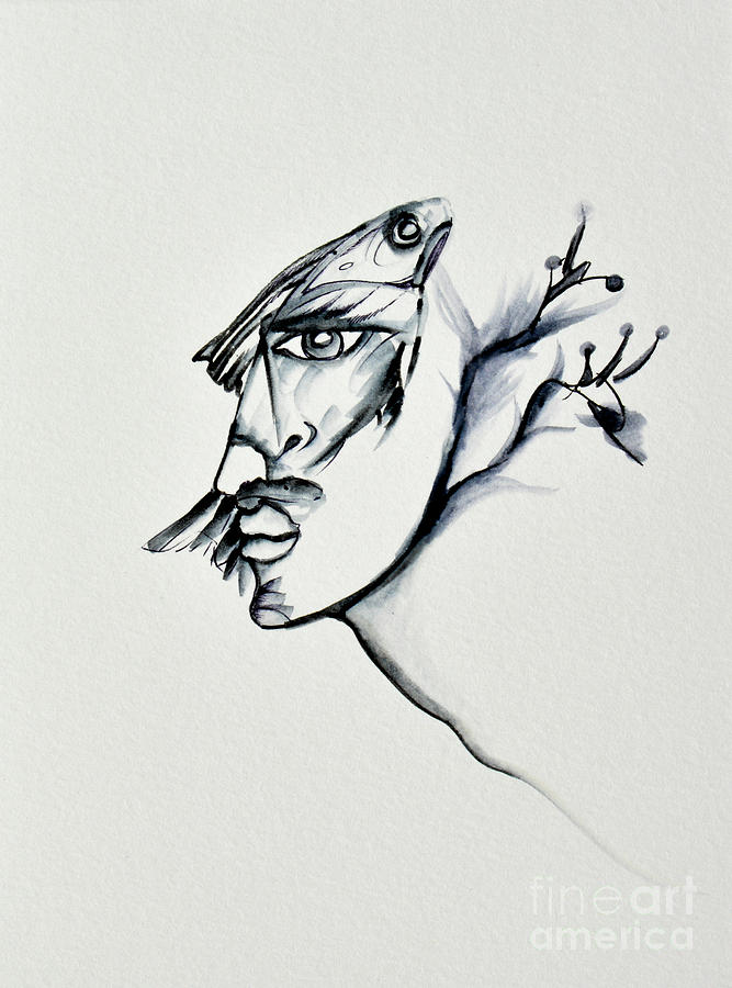 667x900 Fish Swimming Out Of Head Drawing By Esther Brown - Fish Head Sketch