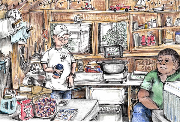 600x407 Fish Market Scene Drawing The Town, Artist Laura Turgeon - Fish Market Sketch