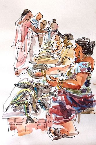 331x500 Fish Market. Panjim, Goa 1 Costumbrismo Sketcher - Fish Market Sketch