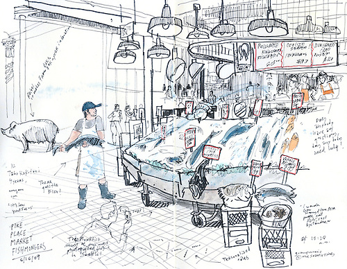 500x388 Sketch Of Pike Place Market Fish Stand Seattle Times Photo Store - Fish Market Sketch