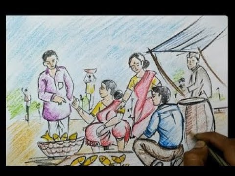 480x360 Village Fish Market Drawing By Pastel Colourfor Kidsvery Easy - Fish Market Sketch