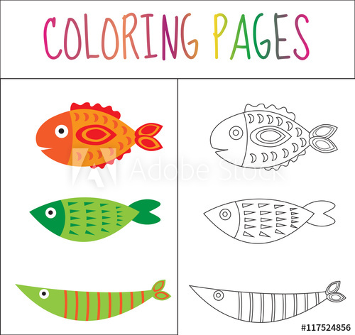 500x472 Coloring Book Page. Set Fish. Sketch And Color Version. Coloring - Fish Sketch For Kids
