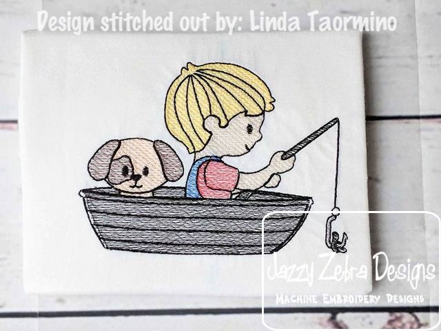640x480 Boy And His Dog Fishing In A Boat Sketch Embroidery Design - Fishing Boat Sketch