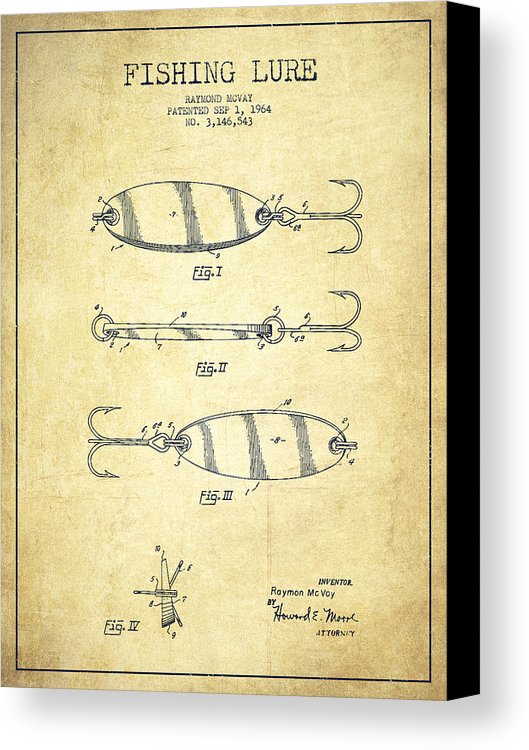 529x750 Vintage Fishing Lure Patent Drawing From 1964 Canvas Print - Fishing Lure Sketch