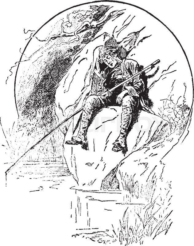 632x800 In This Picture There Is An Older Man Sitting Upon A Rock Amp He Is - Fishing Pole Sketch