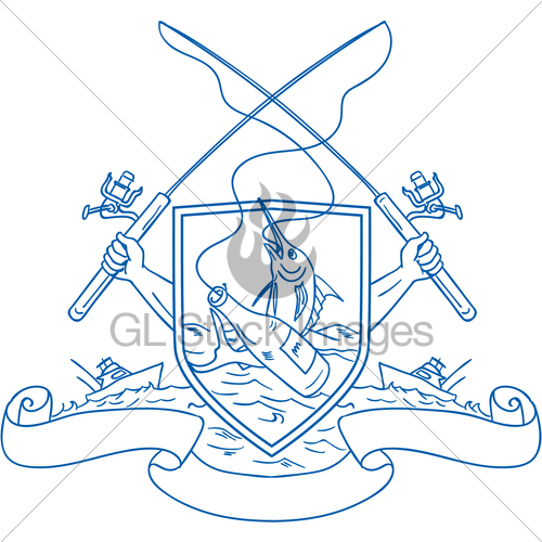 500x500 Fishing Rod Reel Hooking Blue Marlin Beer Bottle Coat Of Gl - Fishing Rod Sketch