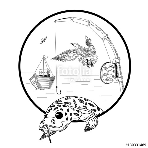 500x500 Fishing Sketch. Burbot, Seagulls, Fishing Rod, Boat On Sea Or Lake - Fishing Rod Sketch