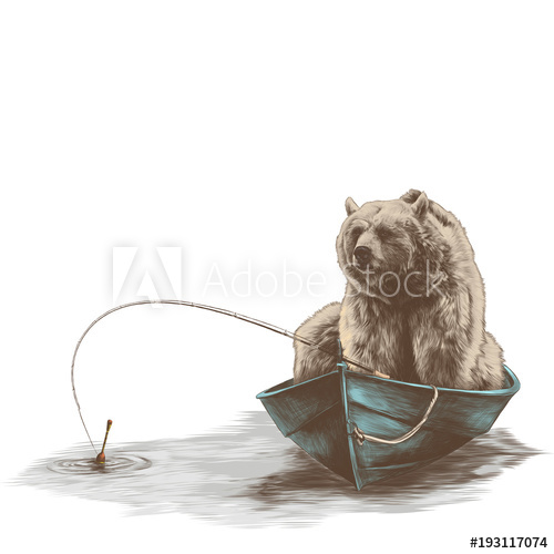 500x500 Bear Sitting In A Boat With A Fishing Rod And Fishing Sketch - Fishing Rod Sketch