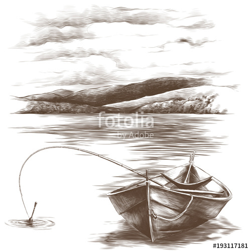 500x500 Wooden Boat With Fishing Rod Inside Floating On Water On Mountains - Fishing Rod Sketch