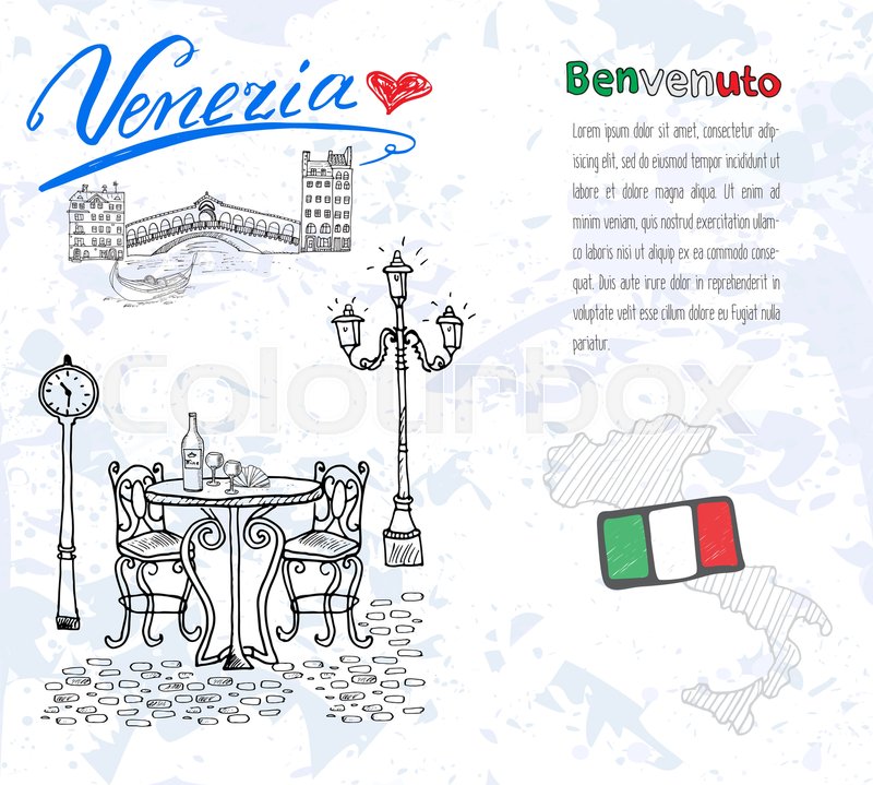 800x719 Venice Italy Sketch Elements. Hand Drawn Set With Flag, Map - Flag Sketch