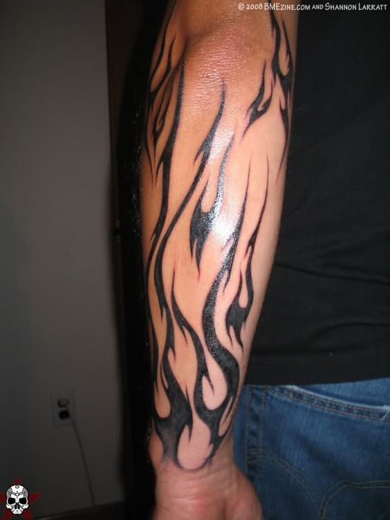 564x752 Tribal Black Ink Fire And Flame Tattoo On Man Sleeve Mike - Flame Tattoo Sketch