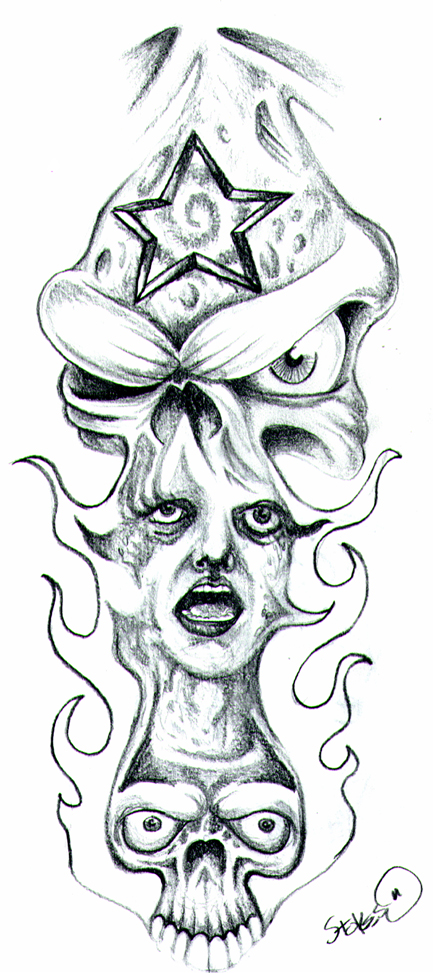 433x973 Flaming Skull Tattoo Design - Flaming Skull Sketch