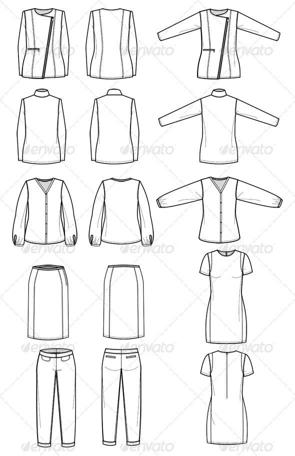590x912 Fashion Flat Sketches For Womens Work Wear By Studio524 Graphicriver - Flat Sketches