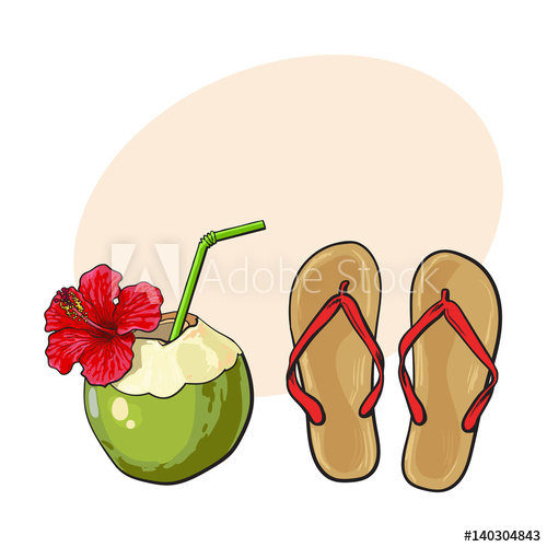 500x500 Pair Of Flip Flops And Coconut Drink, Summer Time Vacation - Flip Flop Sketch