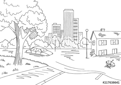 500x355 Flood Graphic Black White Landscape City Sketch Illustration - Flood Sketch