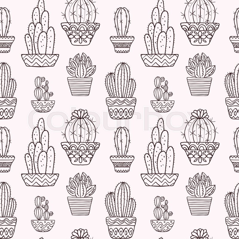 800x800 Hand Drawn Sketch, Vector Cactus Pattern. Flora Exotic - Flora Sketch