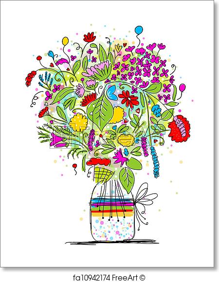 450x580 Free Art Print Of Floral Bouquet In Jar, Sketch For Your Design - Floral Design Sketch