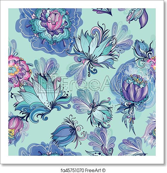 561x581 Free Art Print Of Turquoise Floral Lotus And Peony Vector Pattern - Floral Print Sketch